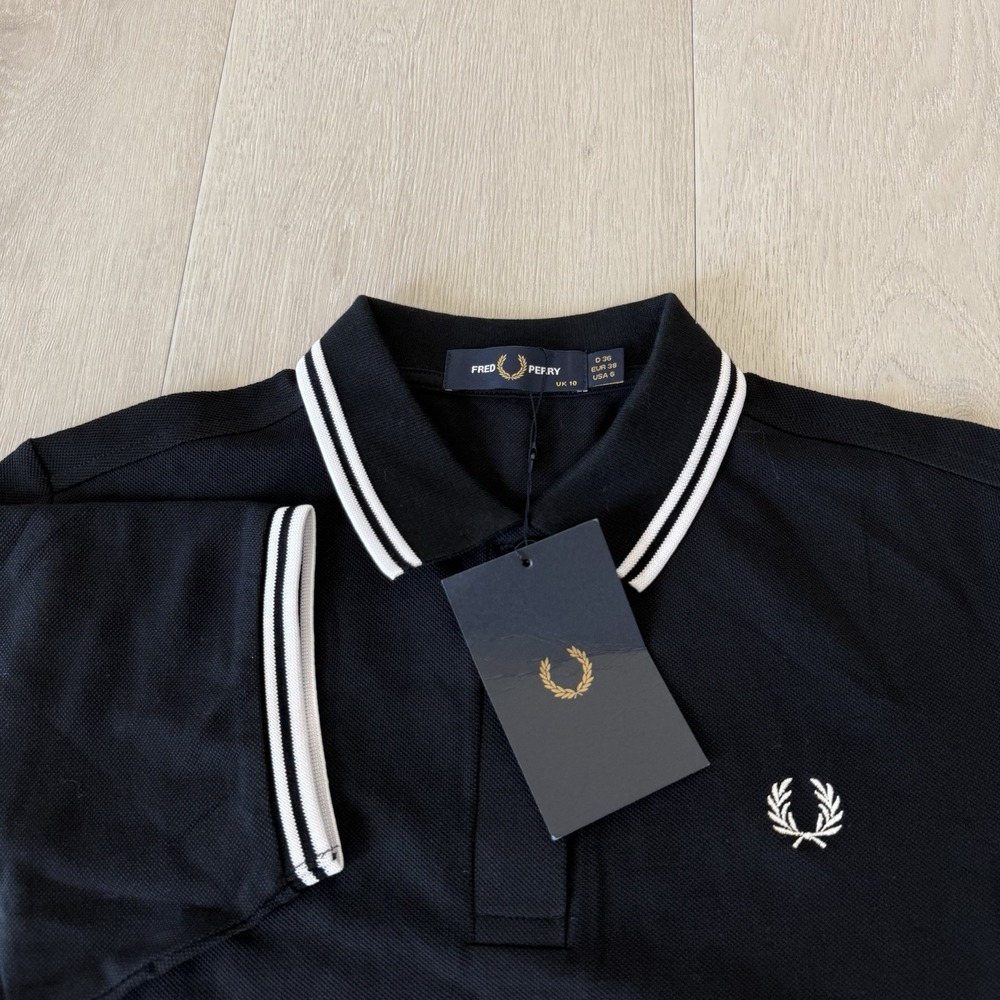 Fred Perry Twin Tipped Black Polo Shirt Women's Size UK 10 US 6 Cotton NEW